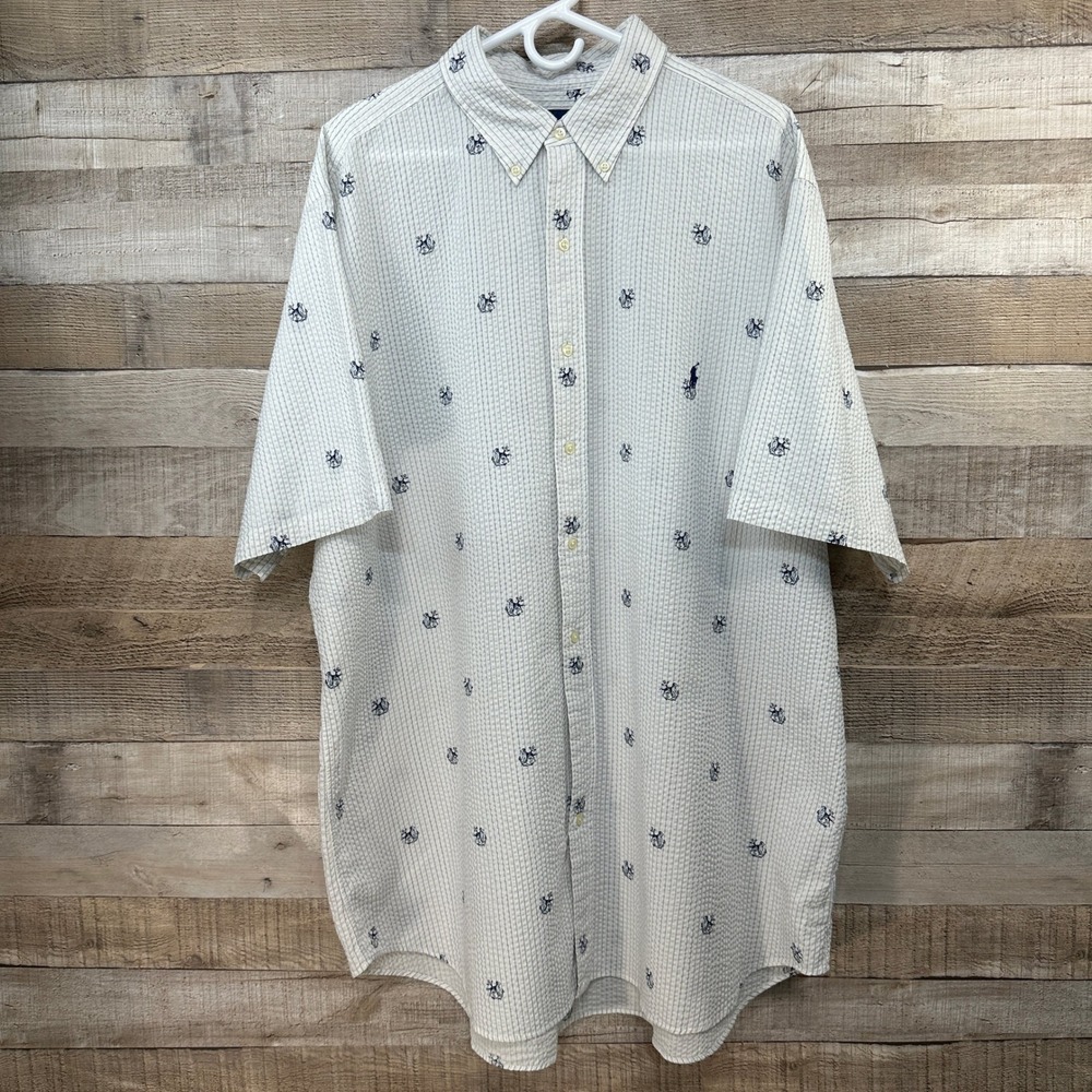 Ralph Lauren Mens 2XLT Seersucker Anchor Dog Print Button Down Shirt Classic Fit
